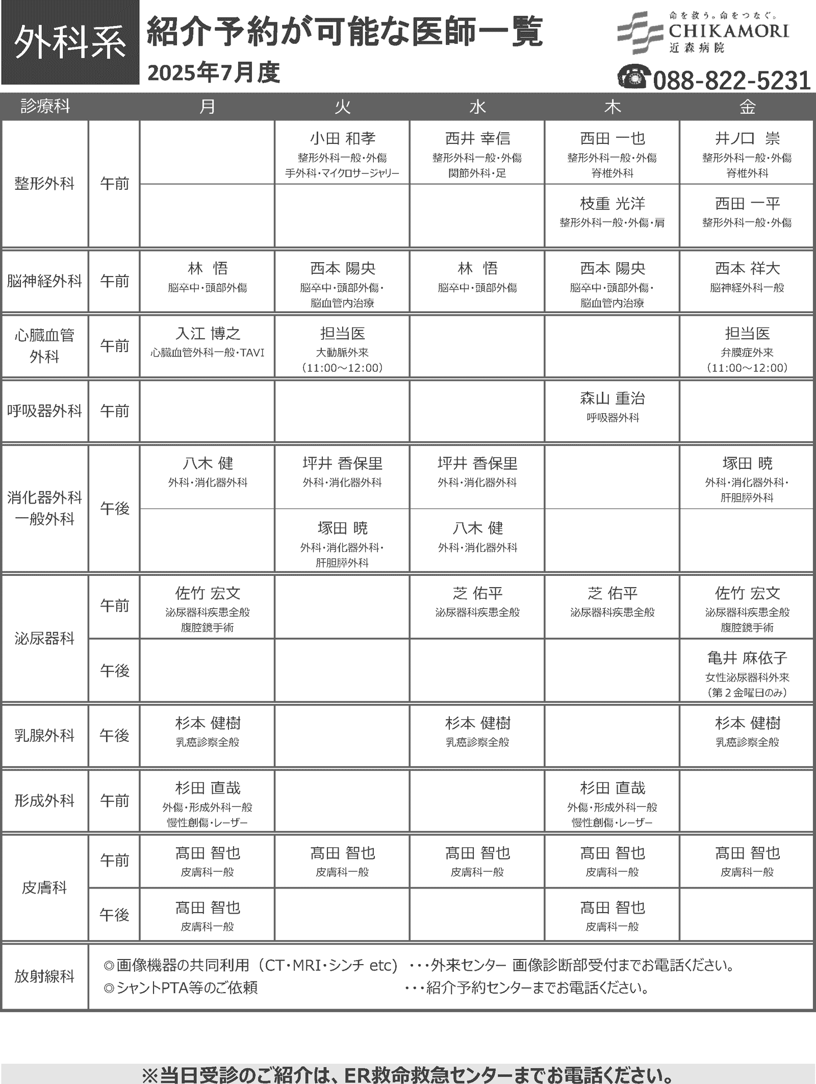 紹介予約が可能な医師一覧表（2025年7月）