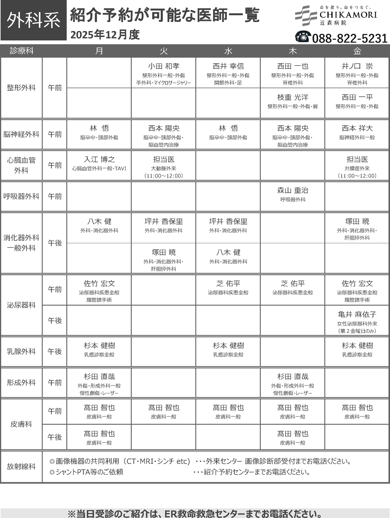 紹介予約が可能な医師一覧表（2025年12月）