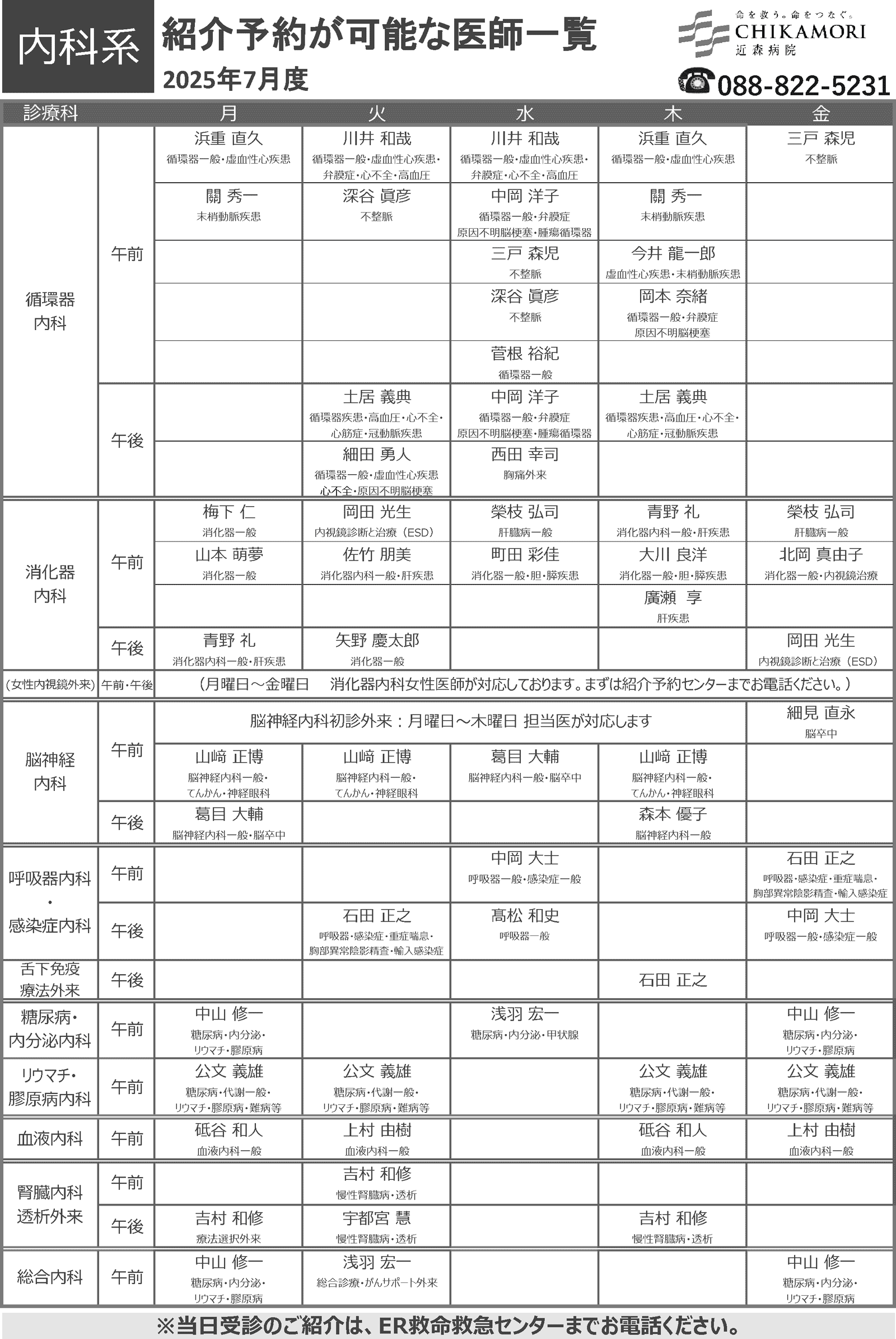 紹介予約が可能な医師一覧表（2025年7月）