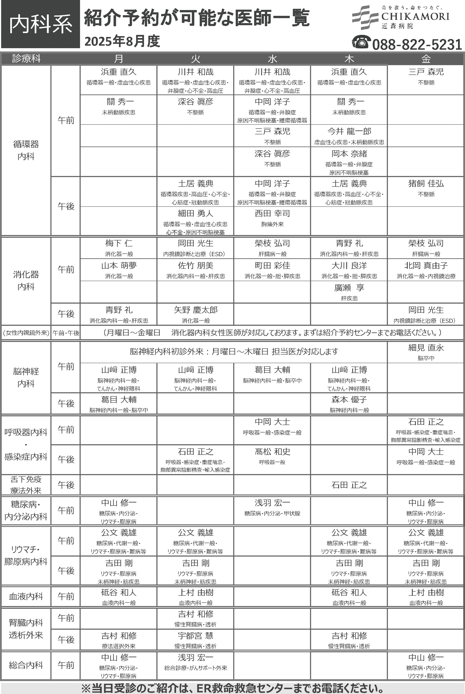 紹介予約が可能な医師一覧表(2025年8月)