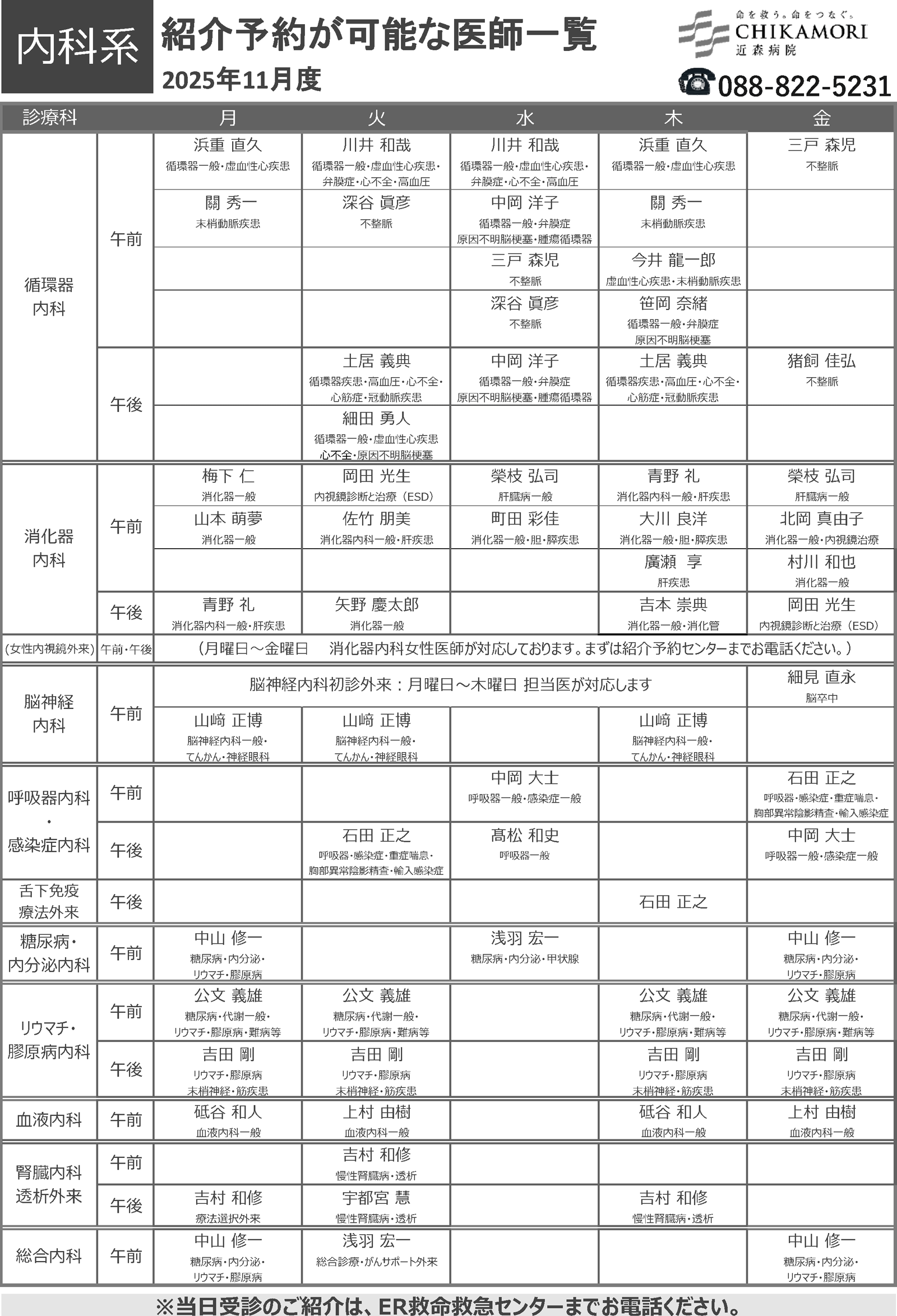 紹介予約が可能な医師一覧表（2025年11月）