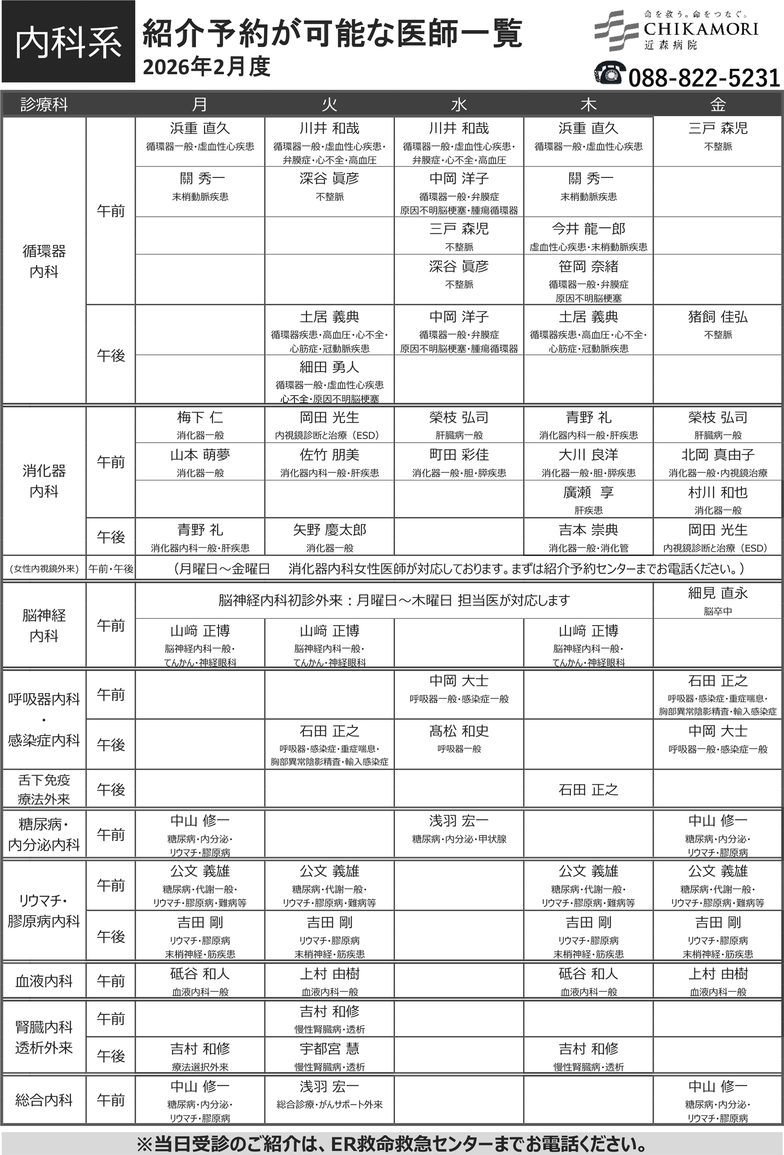 紹介予約が可能な医師一覧表（2026年2月）